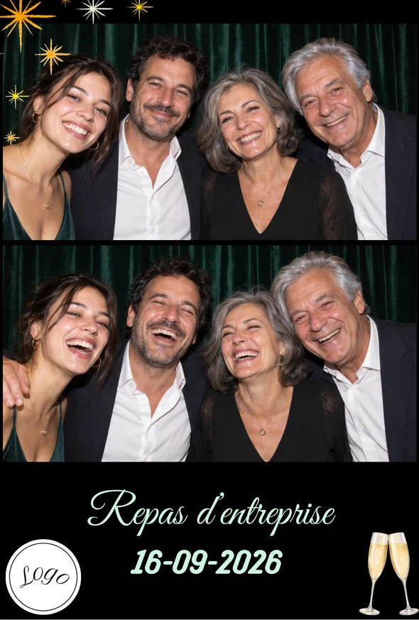 Tirage d’entreprise avec des collègues de plusieurs générations au photobooth et un cadre noir étoilé.
