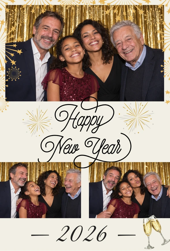 Tirage du Nouvel An avec une famille de plusieurs générations au photobooth et un cadre aux étoiles dorées.